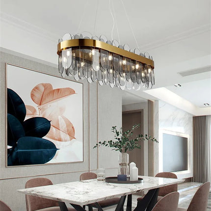 Lustre ovale suspendu en métal doré avec abat-jour en verre — LZ4X9T2