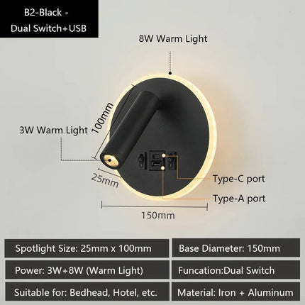 Applique murale LED moderne avec ports USB et lampes de lecture réglables — LZ4X9P2