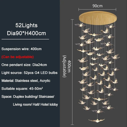 YOULAIKE oiseau design led lustre pour escalier de luxe salon suspendu luminaire couloir longue spirale acrylique lampes