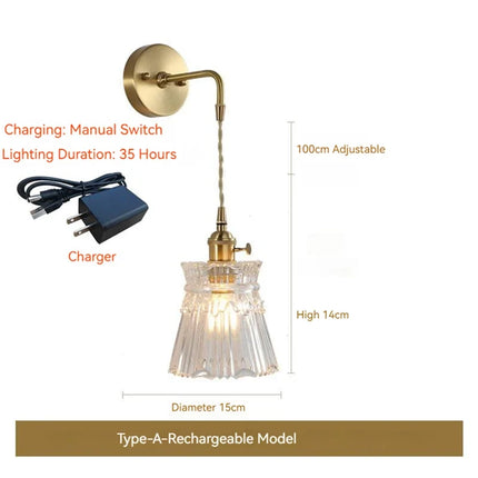 Applique murale LED scandinave en verre et laiton avec interrupteur à batterie — LZ4X9JQ