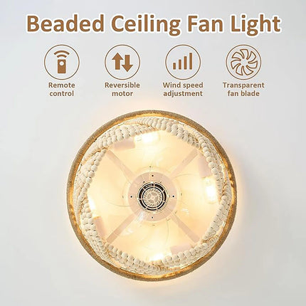 Plafonnier LED bohémien en perles de bois avec télécommande style nordique vintage — LZ4X9P2