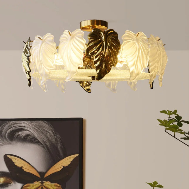 Plafonnier LED vintage français en verre feuilles design — LZ4X9P2