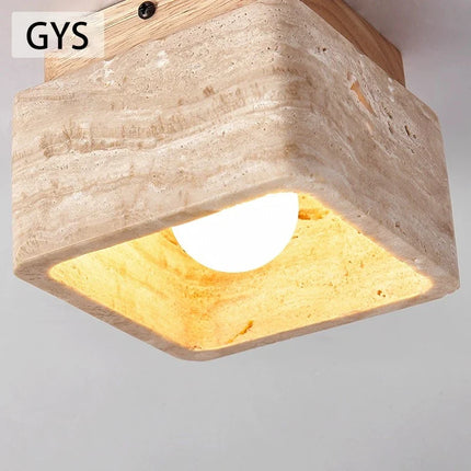 Plafonnier LED carré style nordique en pierre et bois crème pour porche et couloir — LZ4X9T