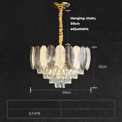 Lustre suspension LED art déco en cristal avec plumes blanches et grises — LZ4X9T2