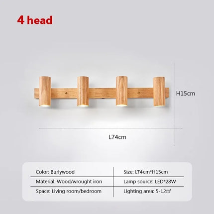 Applique murale LED nordique en bois à projecteurs multi-angles réglables — LZ4X9T1