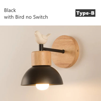 Applique murale nordique en bois avec interrupteur et décor oiseau — LZ7D4X