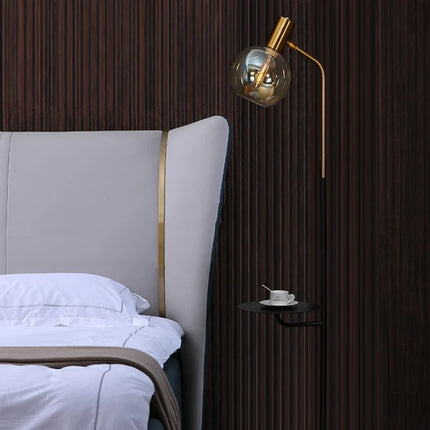 Lampadaire LED moderne verre ambre et base bois marbre E27 — LZ4M9X2