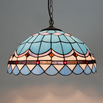 Suspension lustre baroque style Tiffany perle vitrail bleu marron 16" — LZ4X9P2