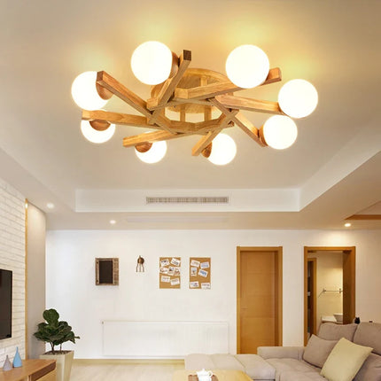Plafonnier nordique en bois et verre laiteux pour intérieur — LZ4X9T