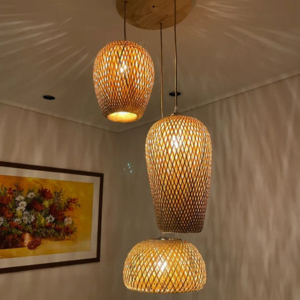 Lustre suspension style chinois fait main en bambou tressé vintage — LZ4Q9X