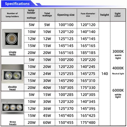 Plafonnier LED encastré carré à 2 ou 3 têtes pour intérieur — LZ4X7Q9N