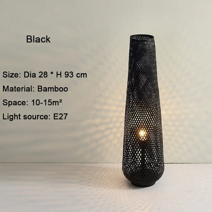 Lampadaire cylindrique en bois et osier tissé bambou rétro — LZ4X9J