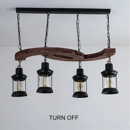 Lustre industriel 4 têtes en bois et fer pour café et bar — LZ4M9X