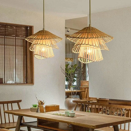 Lustre suspension multi-étages en rotin fait main au design moderne — LZ4X7M