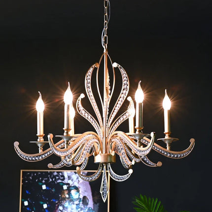Lustre en métal doré antique orné de cristaux — LZ4X9P2