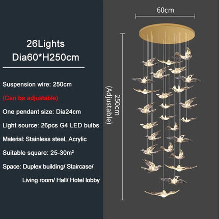 YOULAIKE oiseau design led lustre pour escalier de luxe salon suspendu luminaire couloir longue spirale acrylique lampes