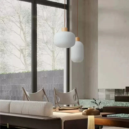 Suspension nordique en verre blanc à rayures avec bois pour salle à manger — LZ4X9P
