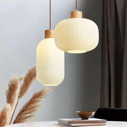 Suspension en verre blanc style japonais avec bois pour salon et salle à manger — LZ4X9T1