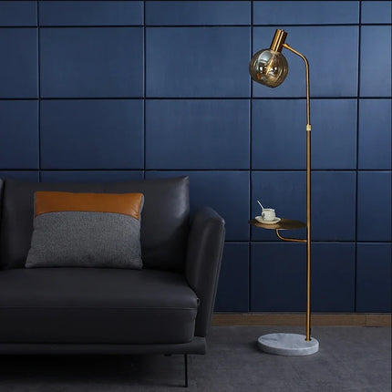 Lampadaire LED moderne verre ambre et base bois marbre E27 — LZ4M9X2