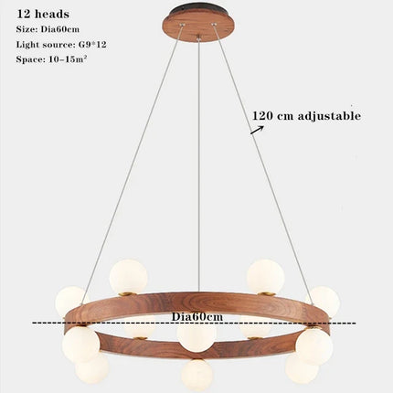 Lustre rond en noyer avec ampoules LED en verre moderne — LZ4X9P