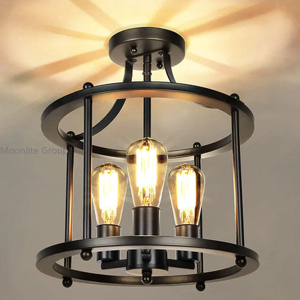 Plafonnier industriel en fer forgé noir à trois têtes LED — LZ4X9P