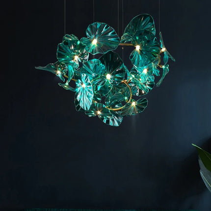 Lustre suspendu artistique à feuilles de verre LED pour hôtel — LZ4T9X