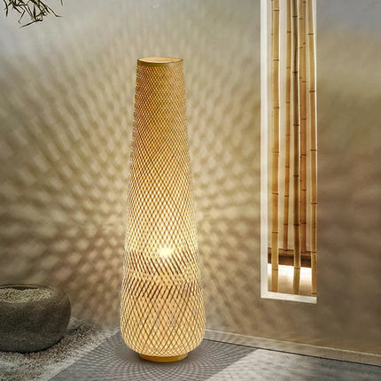Lampadaire cylindrique en bois et osier tissé bambou rétro — LZ4X9J