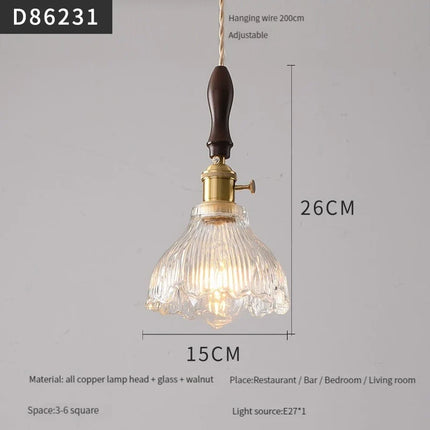 suspension moderne en laiton avec abat-jour rustique en verre de noyer