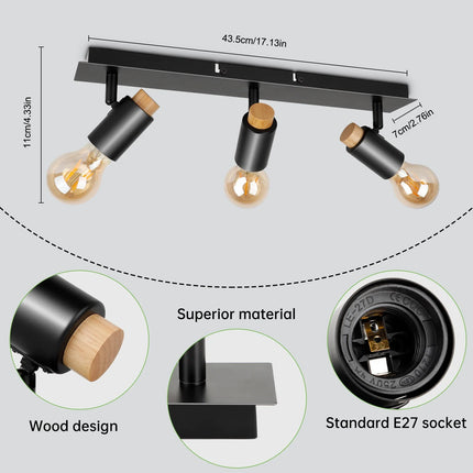 Plafonnier spot rotatif noir avec bois pour ampoule E27 — LZ4X9P
