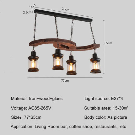 Lustre industriel 4 têtes en bois et fer pour café et bar — LZ4M9X