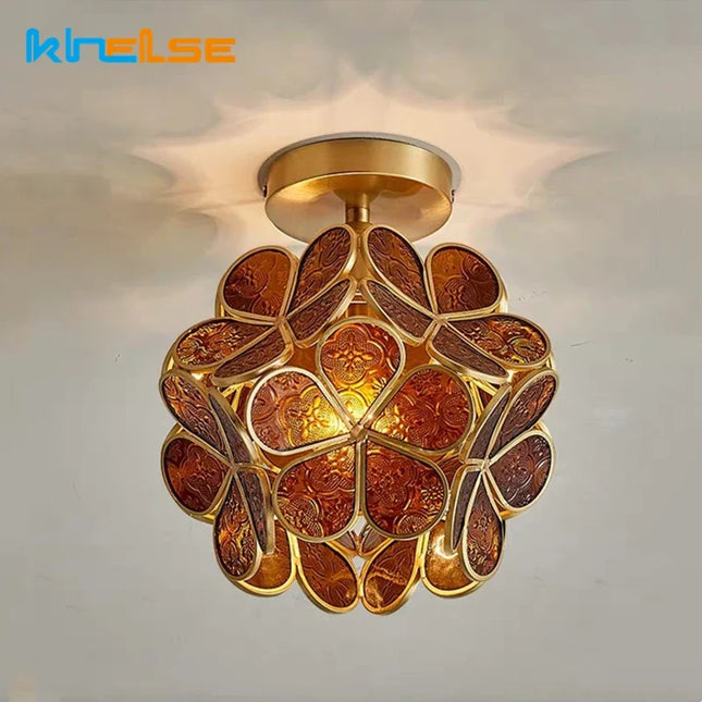 Lustre vintage en verre et cuivre avec pétales lumineux décoratifs — LZ4XJ9