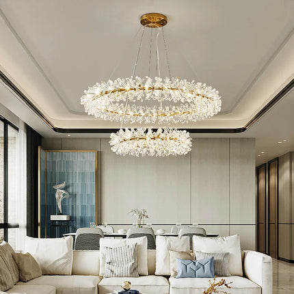 Lustre LED rond en cristal clair avec fil métallique doré réglable — LZ4N7Q2