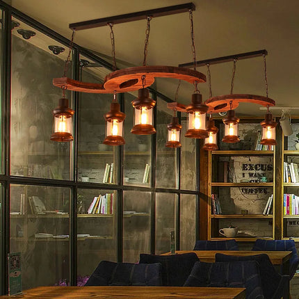 Lustre industriel 4 têtes en bois et fer pour café et bar — LZ4M9X