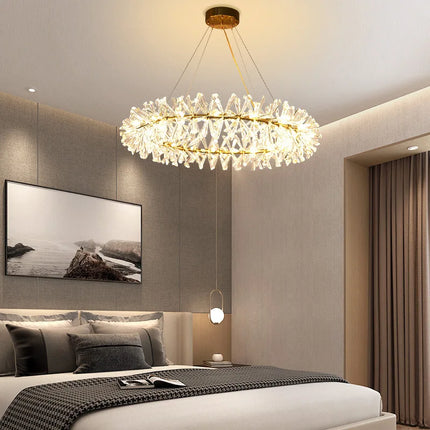 Lustre LED rond en cristal clair avec fil métallique doré réglable — LZ4N7Q2
