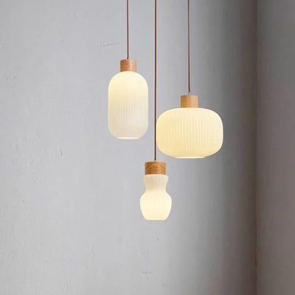 Suspension nordique en verre blanc à rayures avec bois pour salle à manger — LZ4X9P