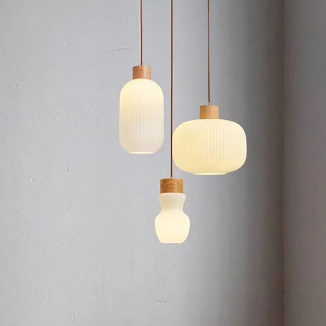 Suspension nordique en verre blanc à rayures avec bois pour salle à manger — LZ4X9P