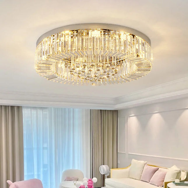 Plafonnier lustre LED anneau cristal doré dimmable pour salon — LZ4X9P