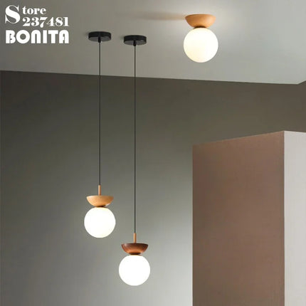Suspension ronde en verre avec bois de noyer japonais — LZ4X9T2