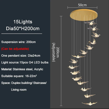YOULAIKE oiseau design led lustre pour escalier de luxe salon suspendu luminaire couloir longue spirale acrylique lampes