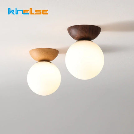Plafonnier LED rond en verre avec abat-jour en bois naturel — LZ4X9T2