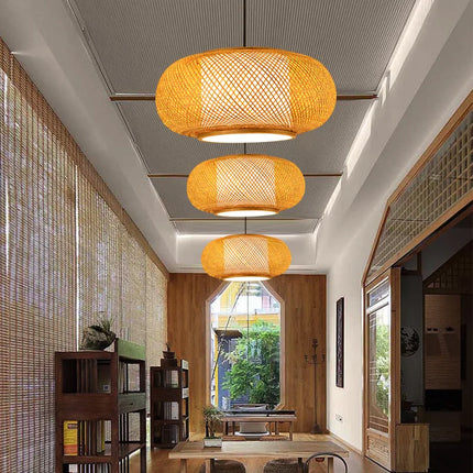 Lustre suspension style chinois fait main en bambou tressé vintage — LZ4Q9X
