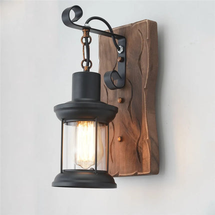 Applique murale vintage en bois avec abat-jour métal et verre — LZ4X9T