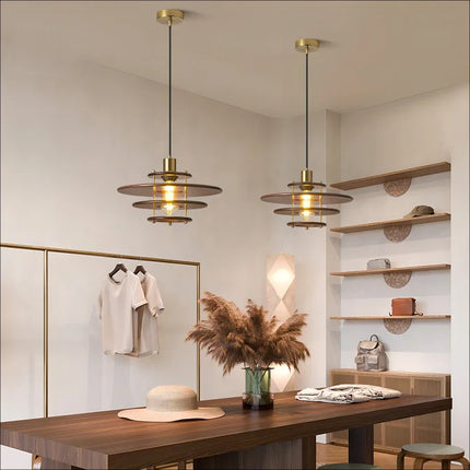Lustre suspension minimaliste en verre et bois style rétro wabi-sabi — LZ4X9P2