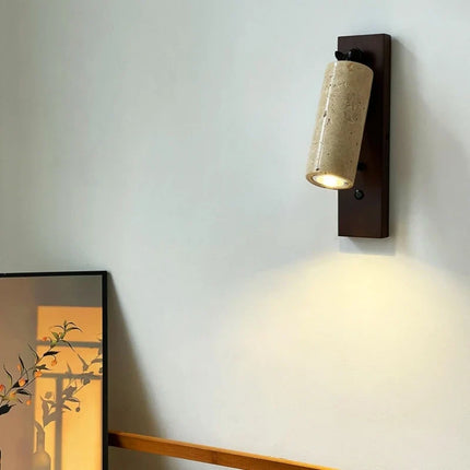 Applique murale en pierre et bois avec ampoule ronde et interrupteur intégré — LZ4M7Q2