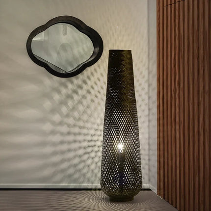 Lampadaire cylindrique en bois et osier tissé bambou rétro — LZ4X9J