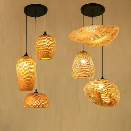 Lustre suspension style chinois fait main en bambou tressé vintage — LZ4Q9X