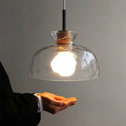 Suspension LED en verre grain d'eau et bois style nordique rétro — LZ4X9P