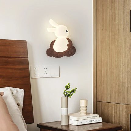 Lampe de chevet japonaise wabi-sabi avec base en bois et motif lapin — LZ4X9P2