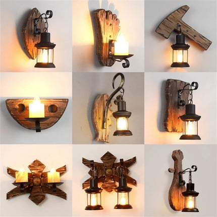 Applique murale vintage en bois avec abat-jour métal et verre — LZ4X9T