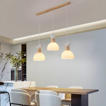 Lustre suspendu LED en bois avec abat-jour en verre blanc — LZ4P9XJ2